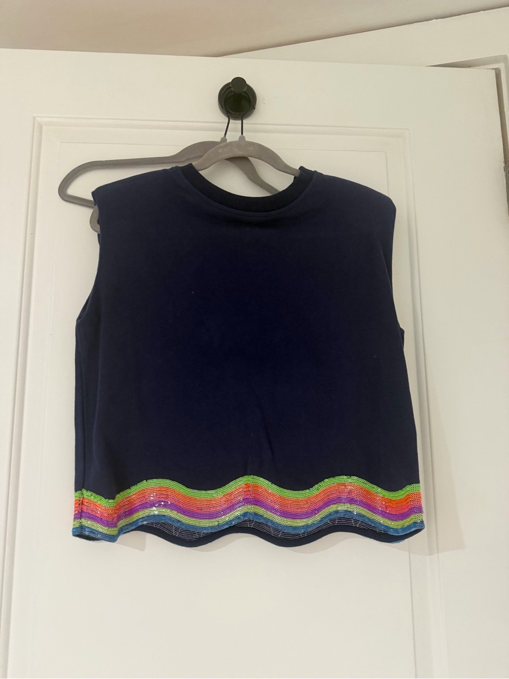 QUEEN OF SPARKLES Navy Sleeveless Top with Rainbow Sequin Hem